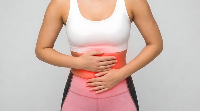 Woman suffering from abdominal pain and stomach cramps with abdominal, sickness