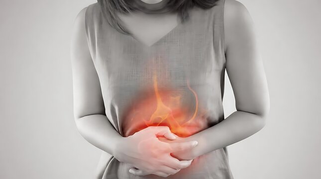 Woman touching abdomen showing signs of gastric pain with abdominal, sickness
