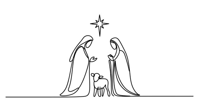 Continuous single line drawing of the holy nativity scene with mary joseph and a lamb under the christmas star of bethlehem isolated on white background, Vector, illustration