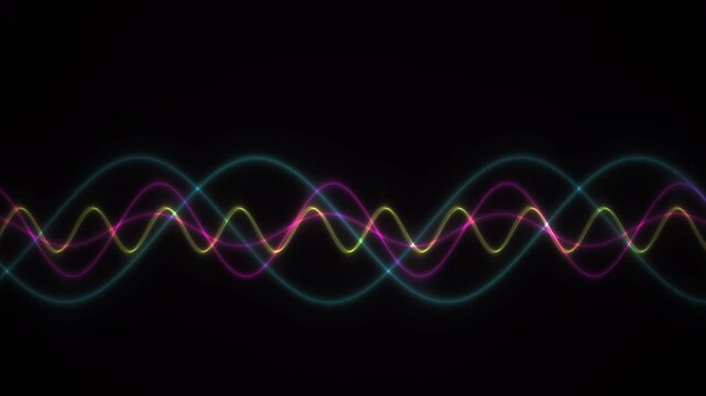 Colorful glowing sine waves on black background representing sound or light waves.