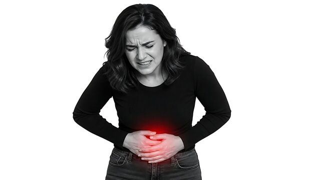 Woman experiencing severe stomach pain and digestive distress with abdominal