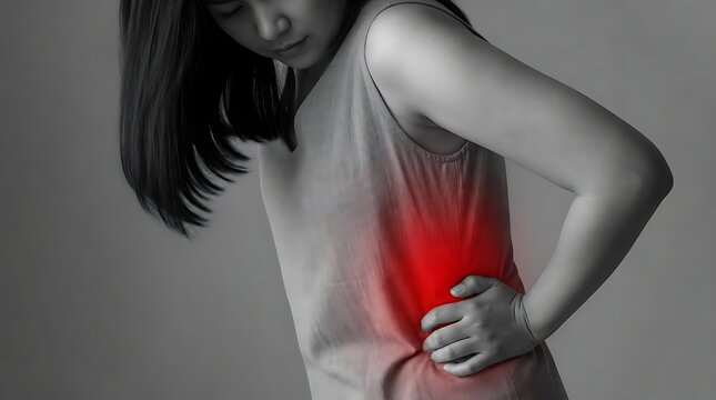 Woman suffering from side abdominal pain and physical discomfort with abdominal