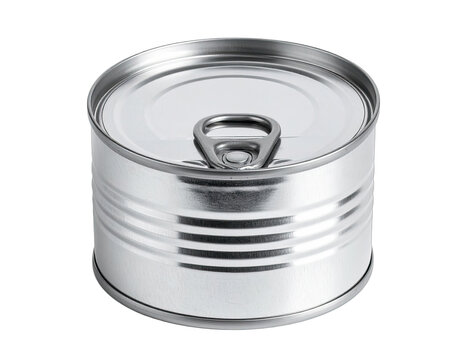 A metallic tin can with a pull tab lid stands against a black background.