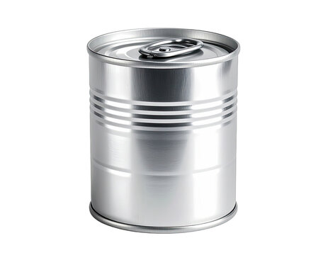 A single, clean, metallic tin can with a pull tab lid is presented against a stark black background.