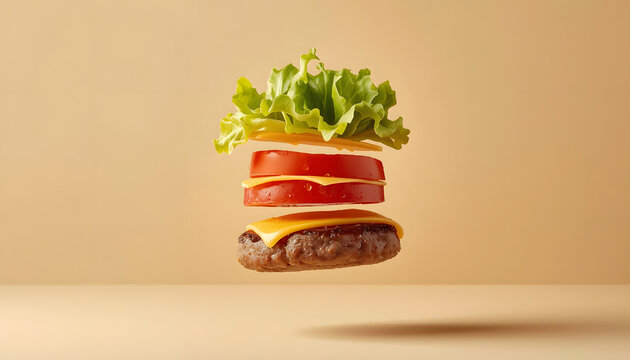 shot of a gourmet burger ingredients exploding and levitating in mid-air