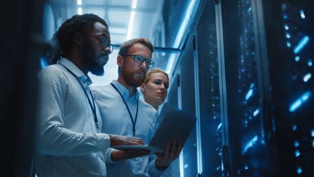 Technicians stand in a secure server room while monitoring complex data systems on a portable laptop.