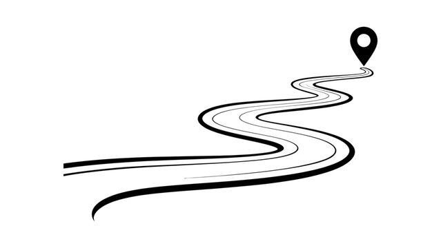 Black silhouette of a winding road leading to a map location pin icon on a white background isolated on white background, Vector, illustration
