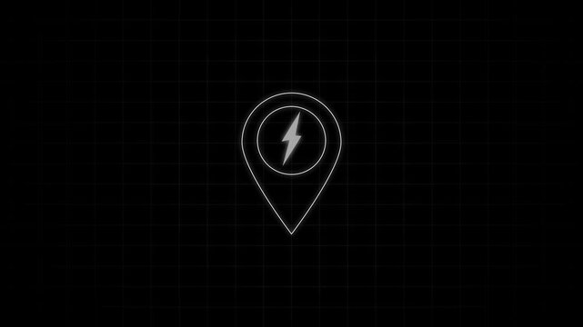 White neon map location pin with a lightning bolt symbol inside set against a dark grid background for electric vehicle charging stations