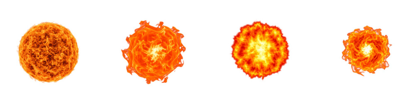 Four realistic fire explosion balls isolated on black background for design
