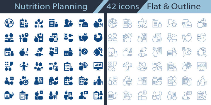 Nutrition Planning flat, outline icon set featuring diet chart, meal prep, healthy diet, calorie tracking, recipe book, hydration tracker, and dietitian collection for wellness UI.
