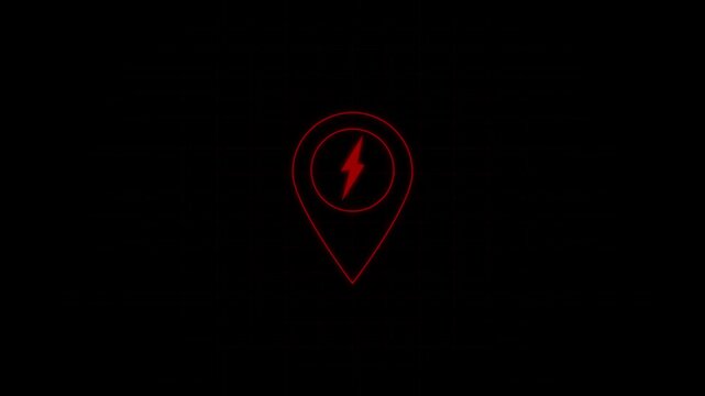 Neon red electric charging station map pin on a dark grid background representing energy location and power supply infrastructure concept