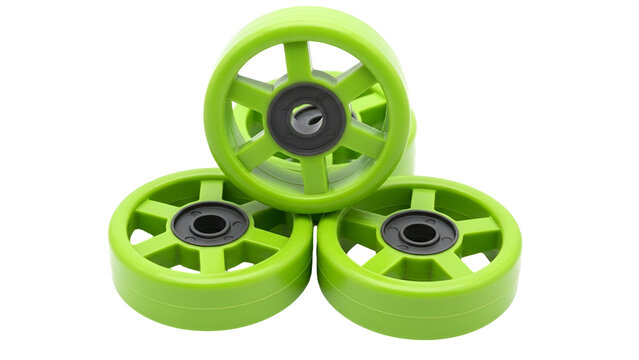 Three bright neon green plastic wheels with dark grey centers arranged in a triangular formation against a pure white background
