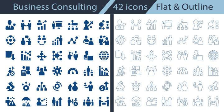 Business Consulting flat, outline vector icon set featuring handshake, analytics, teamwork, line graph, hierarchy, and dashboard for corporate web UI design.