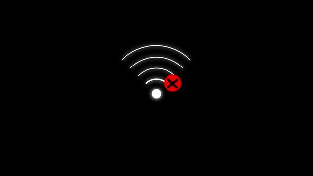 White wifi signal with a red cross mark indicating no internet connection on a black background representing network connectivity failure