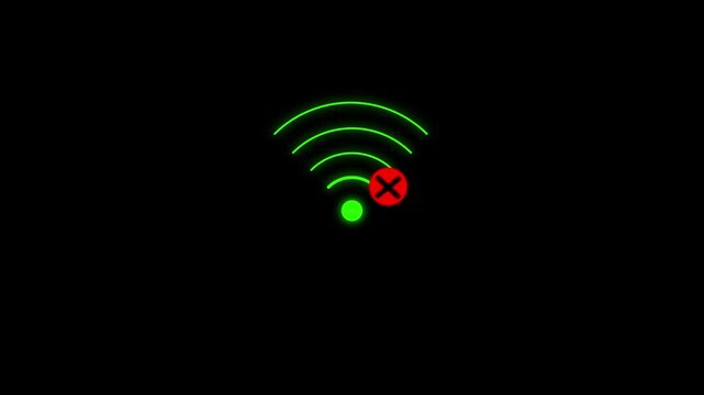 Neon green wifi signal with a red cross mark indicating no internet connection on a black background representing network connectivity failure
