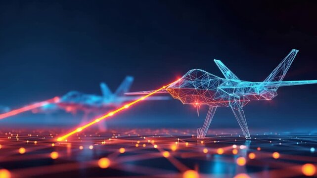 Futuristic fighter jets, rendered as glowing wireframe models, engage in a simulated combat mission. ..Created with Generative AI, not depicting real subjects.