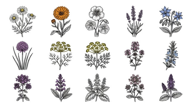 Vintage botanical herb illustrations, set of 15 hand drawn medicinal plants and garden flowers, rustic floral vector sketches for apothecary packaging isolated PNG with Transparent Background