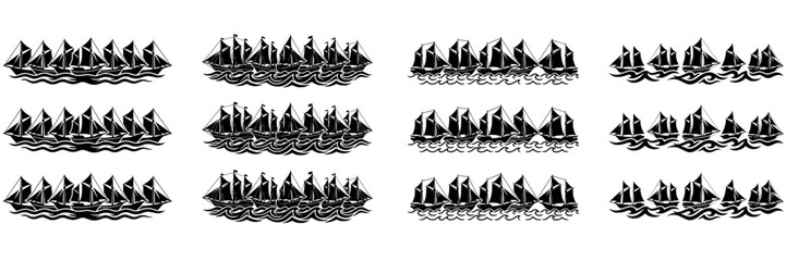 Black silhouette sailing ships on ocean waves nautical vector design elements © Muhamad