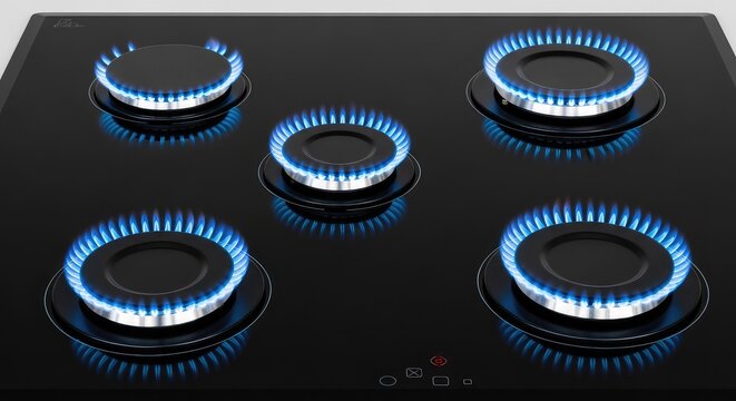 A high-angle close-up view of a modern black cooktop featuring four circular burners ignited with steady, vibrant blue rings of fire, burner, propane, energy