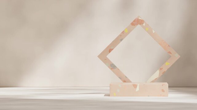 empty space brown terrazzo podium of with looping seamless shadow animation white textured color wall, rendering 3d footage