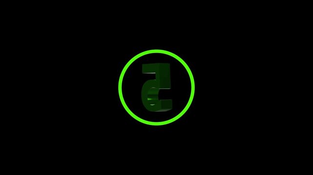 Animated 3D Green Number Five Rotating Inside Glowing Circle Ring on Black Background for Countdown Timer and Digital Presentation Project Asset.Animation on a Stock Video