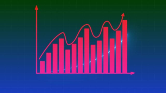 Magenta bar chart showing upward growth trends with a curved arrow indicating fluctuation on a dark blue and green gradient background with grid lines