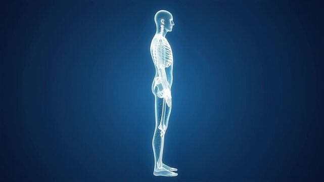 Advanced biometric data scanner scanning human cybernetic skeletal silhouette framework with telemetry lines.