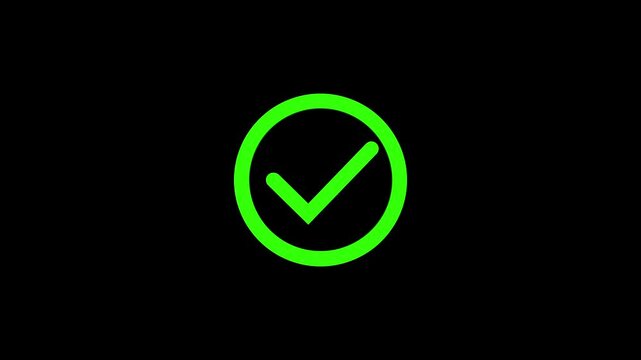 Bright neon green check mark centered inside a circular outline isolated on a solid black background for user interface