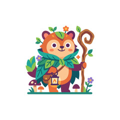 Naklejka premium Cute Forest Spirit Animal with Lantern and Staff, Magical Creature Illustration