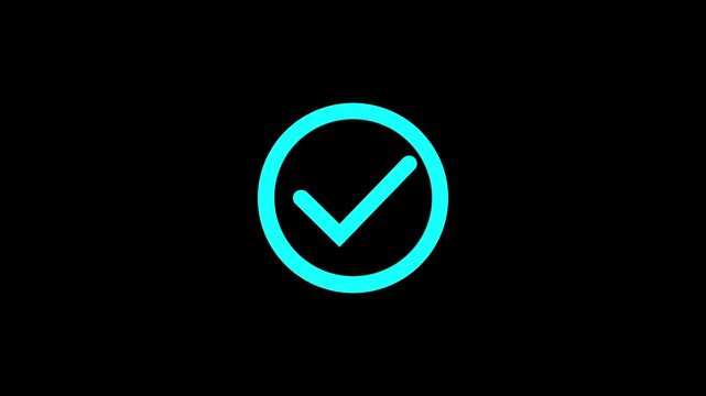 Cyan colored check mark centered inside a circular outline isolated on a solid black background for user interface and confirmation