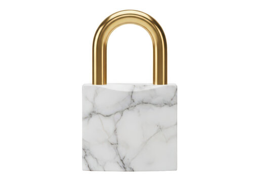 White marble padlock with gold shackle isolated on transparent background