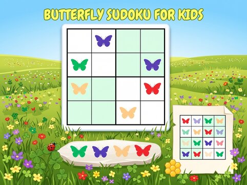 Butterfly Sudoku puzzle for kids set in a colorful field and answer key, for education and learning