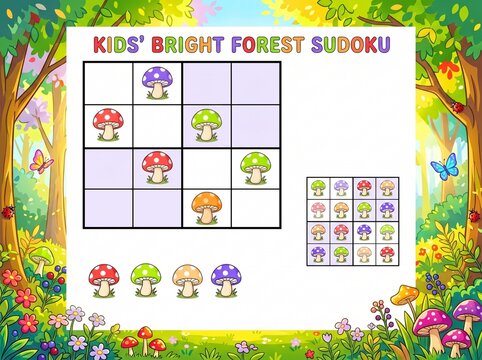Kids' bright forest Sudoku puzzle with colorful Mushrooms for concentration and education