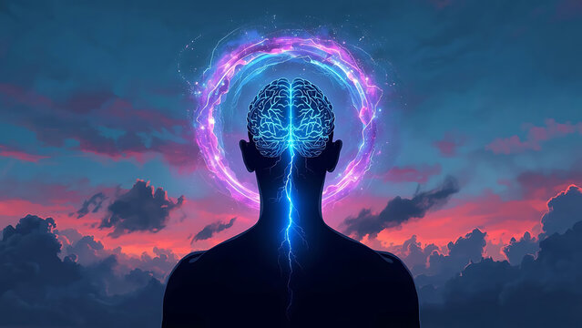 Abstract Human Brain Energy Aura Glow, Futuristic Mind Power, Consciousness Concept, Digital Art