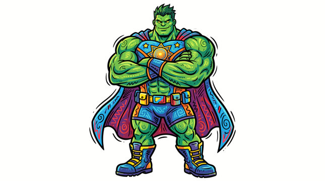 Illustration of a muscular green superhero character wearing a blue costume and a long purple cape standing with arms crossed, digital art style vector, superhero