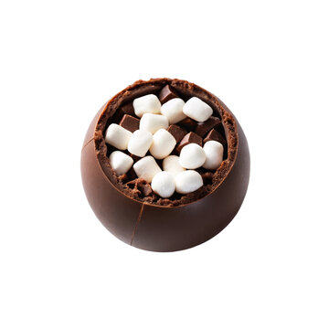 Cracked dark chocolate cocoa bomb filled with mini marshmallows for festive hot chocolate gifts