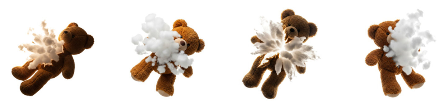 Four torn teddy bears with white fluffy cotton stuffing exploding isolated