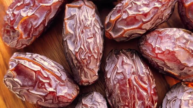 Rotating several date fruits on wooden surface close up showing deep brown color and wrinkled texture