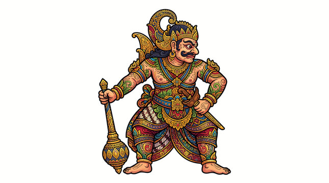 Traditional indonesian wayang kulit shadow puppet character standing in a defensive posture holding a mace isolated on white background with indonesian, traditional