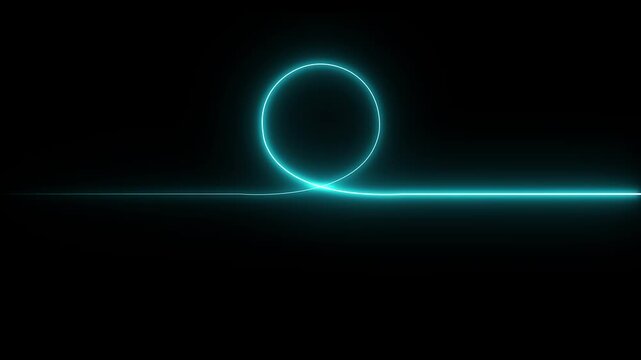Glowing neon cyan light trail forming a horizontal line with a circular loop in the center against a deep black background