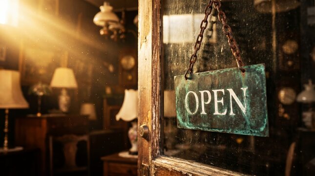 Vintage open sign hanging on glass door with warm sunlight streaming into dusty antique shop, small business re-opening concept