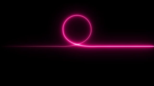 Glowing neon pink light trail forming a horizontal line with a circular loop in the center against a deep black background