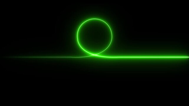 Glowing neon green light trail forming a horizontal line with a circular loop in the center against a deep black background