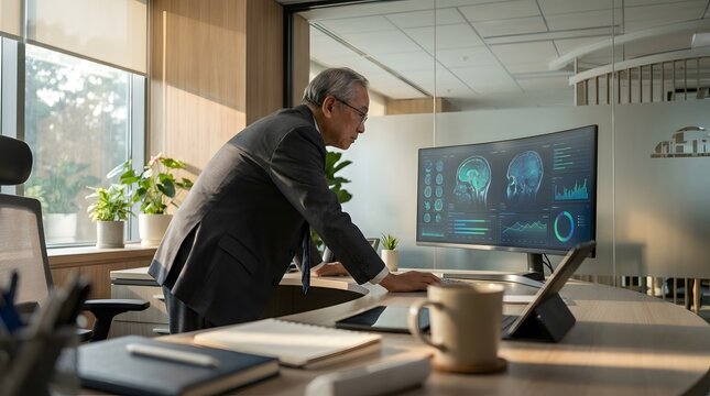 Senior professional analyzing medical brain scan data on monitor with elderly man suit examining brain scans large digital screen modern office
