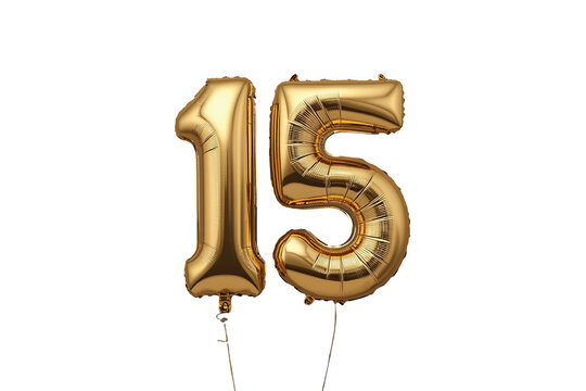 Gold foil balloon forming the number 15, signifying anniversary or birthday celebration, isolated on transparent background