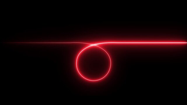 Glowing red neon light line forming a circular loop on a solid black background for digital interface and abstract concepts