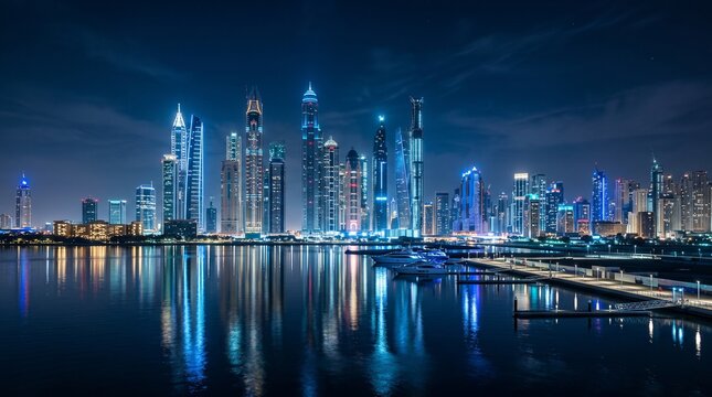Panoramic Night City Skyline with Illuminated Waterfront Architecture and Reflections on the River Under a Clear Urban Sky