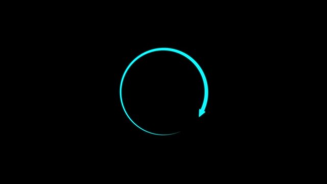 Glowing cyan neon light circular arrow on a solid black background for digital interface and abstract concepts