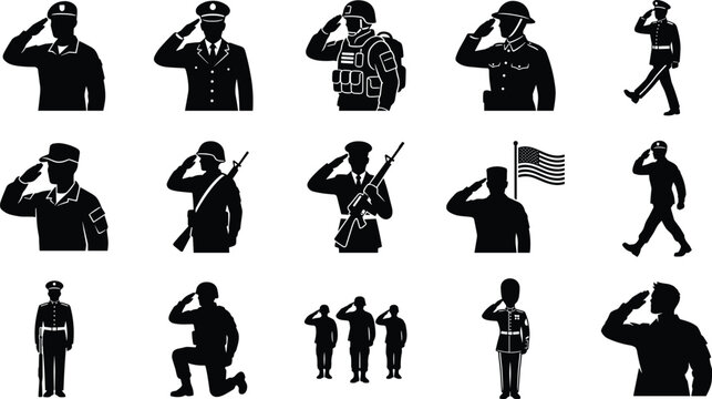 Military soldiers and army officers saluting vector icons set with patriotic service troop silhouettes on white background
