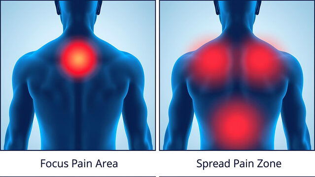 Anatomy Illustration of Focused and Spread Pain Areas on Human Back, Medical Healthcare Concept
